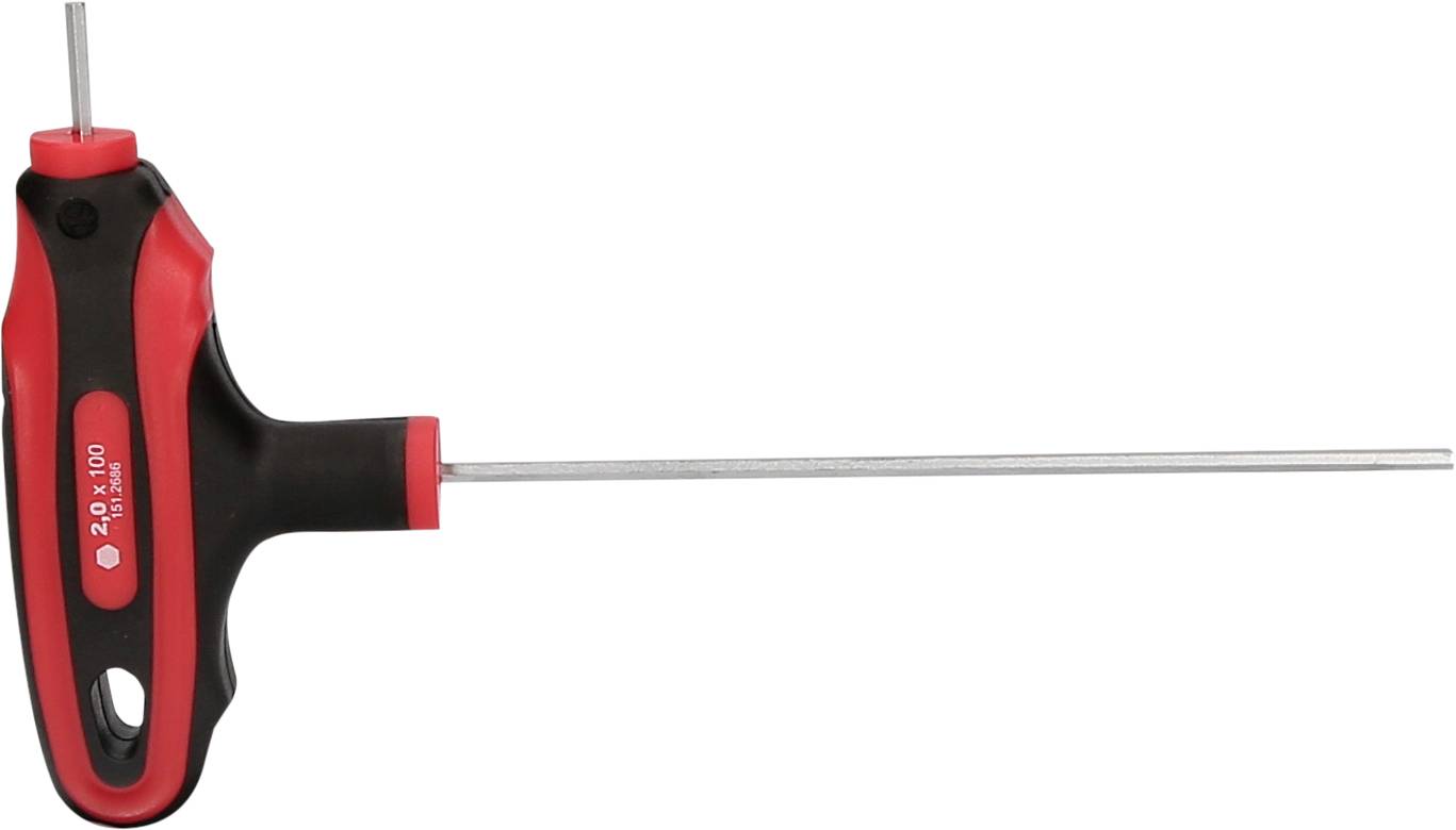 Ein T-Griff-Schraubendreher mit einem langen metallischen Schaft. Der Griff ist rot und schwarz, ergonomisch gestaltet für besseren Halt.