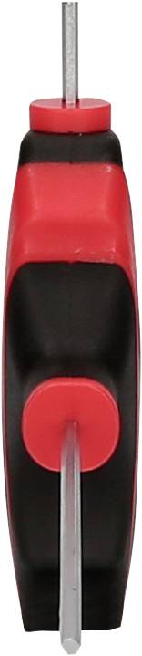 Ein roter und schwarzer Schraubendreher wird von oben gezeigt, mit einem Metallkopf, sichtbar vor weißem Hintergrund.