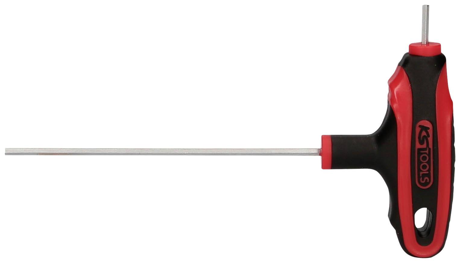 T-förmiger Innensechskantschlüssel mit Kunststoffgriff, geeignet für das Drehen von Schrauben in schwer zugänglichen Bereichen.