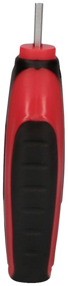 Roter und schwarzer Schraubendreher mit gummiertem Griff, vertikale Ansicht der Spitze sichtbar.