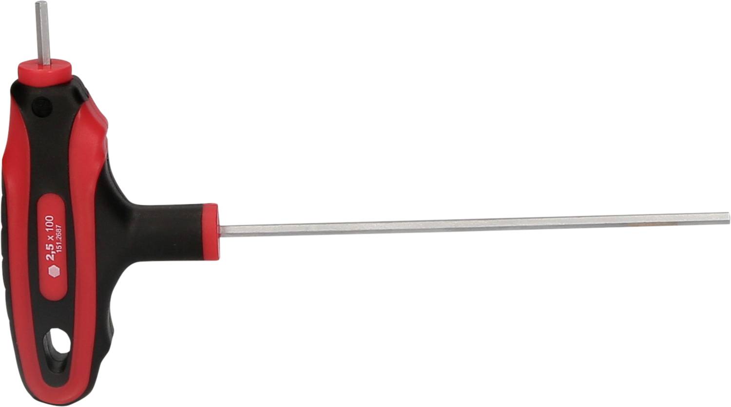 Ein T-förmiger Sechskantschlüssel mit rotem und schwarzem Griff, lange Metallstange, geeignet zum Schraubenanziehen.