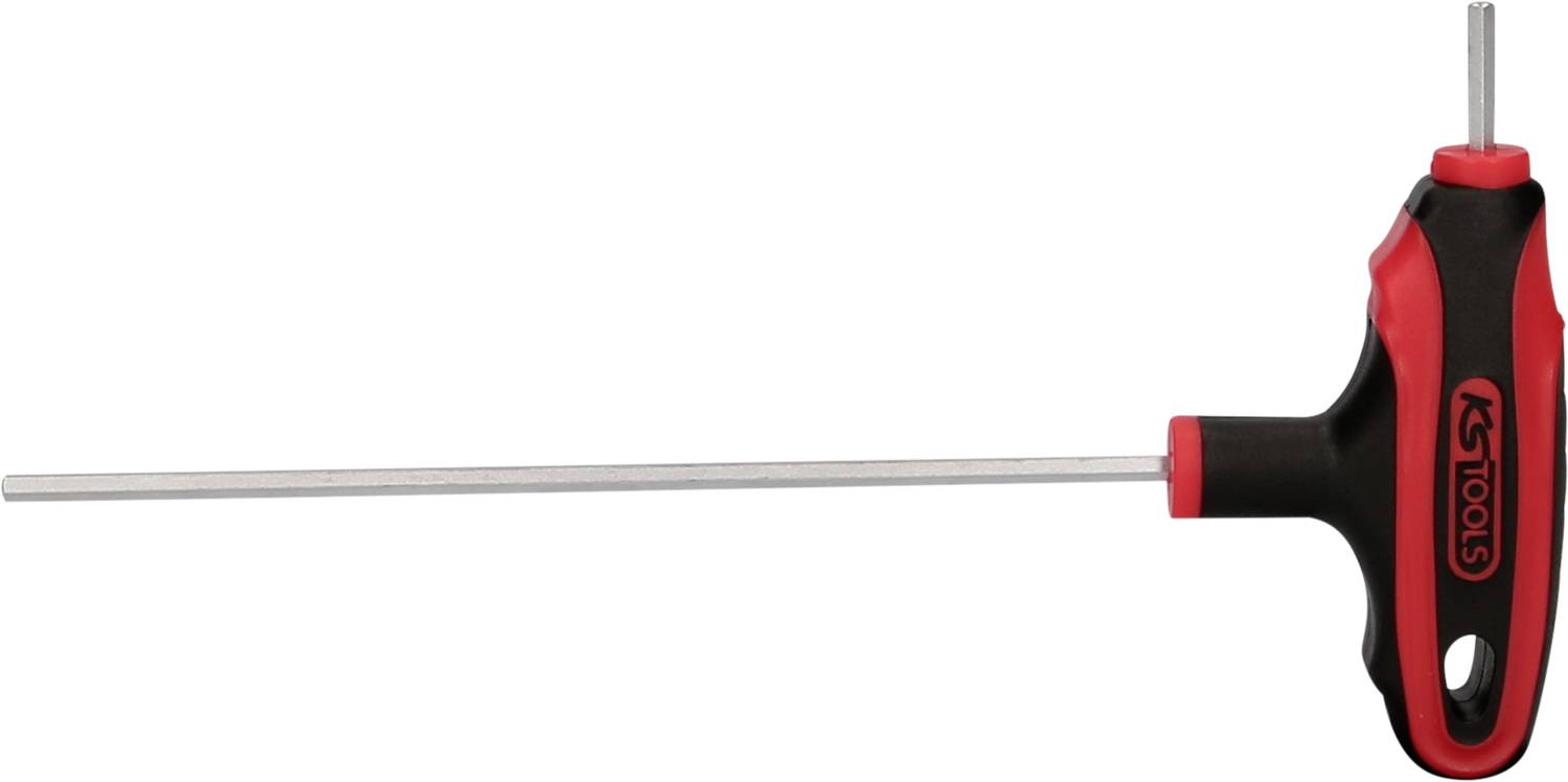 T-förmiger Inbusschlüssel mit schwarzem Griff und roten Details. Zwei Metallstäbe unterschiedlicher Länge an den Enden.