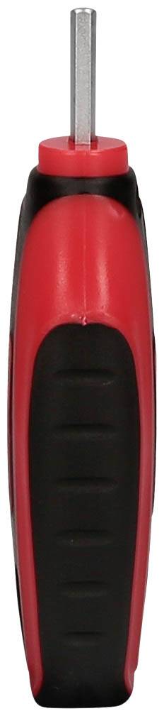 Roter und schwarzer Schraubenzieher mit Sechskant-Bit, vertikale Ansicht.