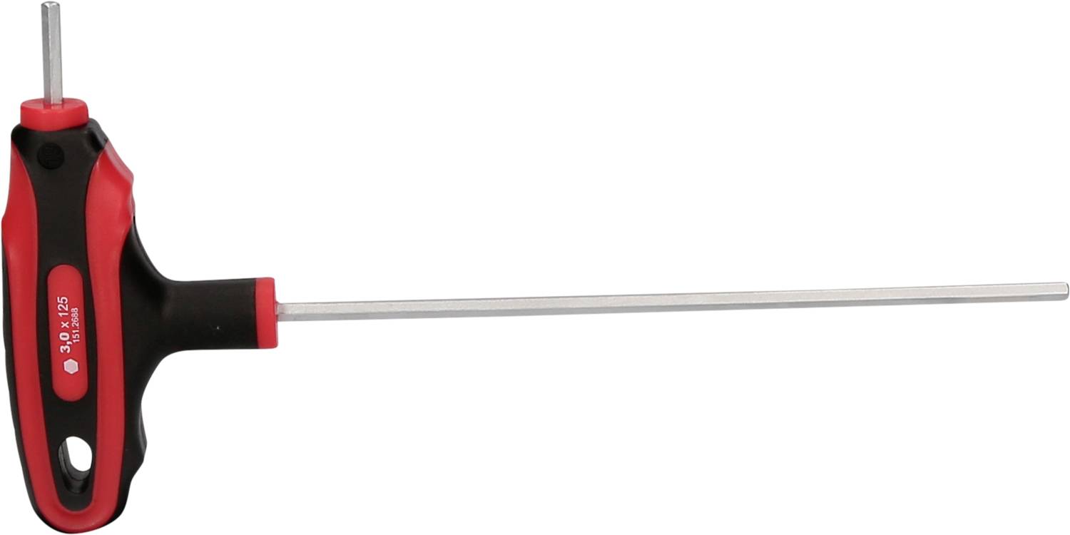 Ein T-Griff-Sechskantschlüssel mit einem roten und schwarzen Griff, einer längeren Metallstange und einem kürzeren Kopf.