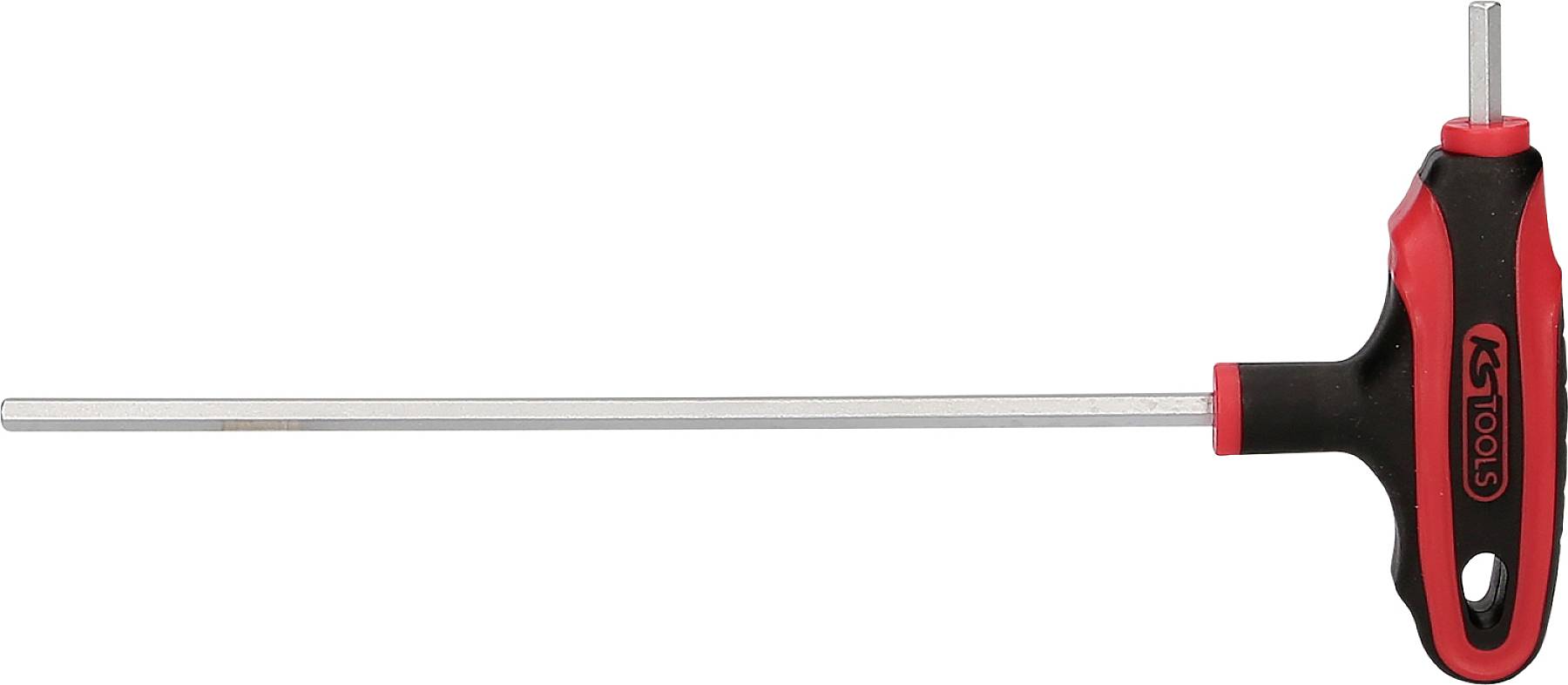 T-förmiger Inbusschlüssel mit langem Schaft und doppelter Kopfgröße, schwarz-rot gefärbt. Werkzeug verwendet zum Anziehen von Sechskantschrauben.