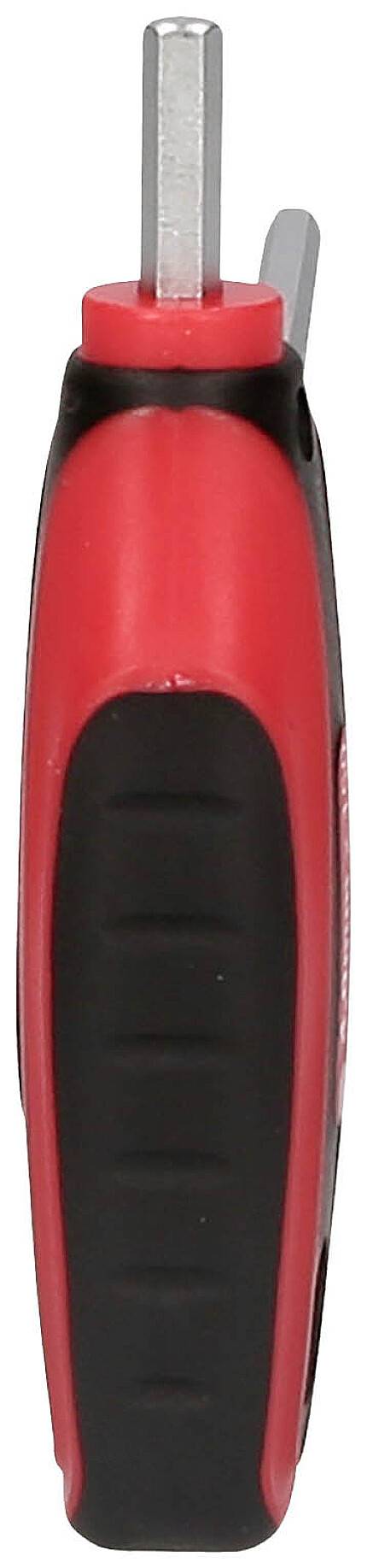 Schwarzer und roter Schraubenschlüssel, in der Seitenansicht, mit ergonomischem Griff und eingesetztem Metallwerkzeug.