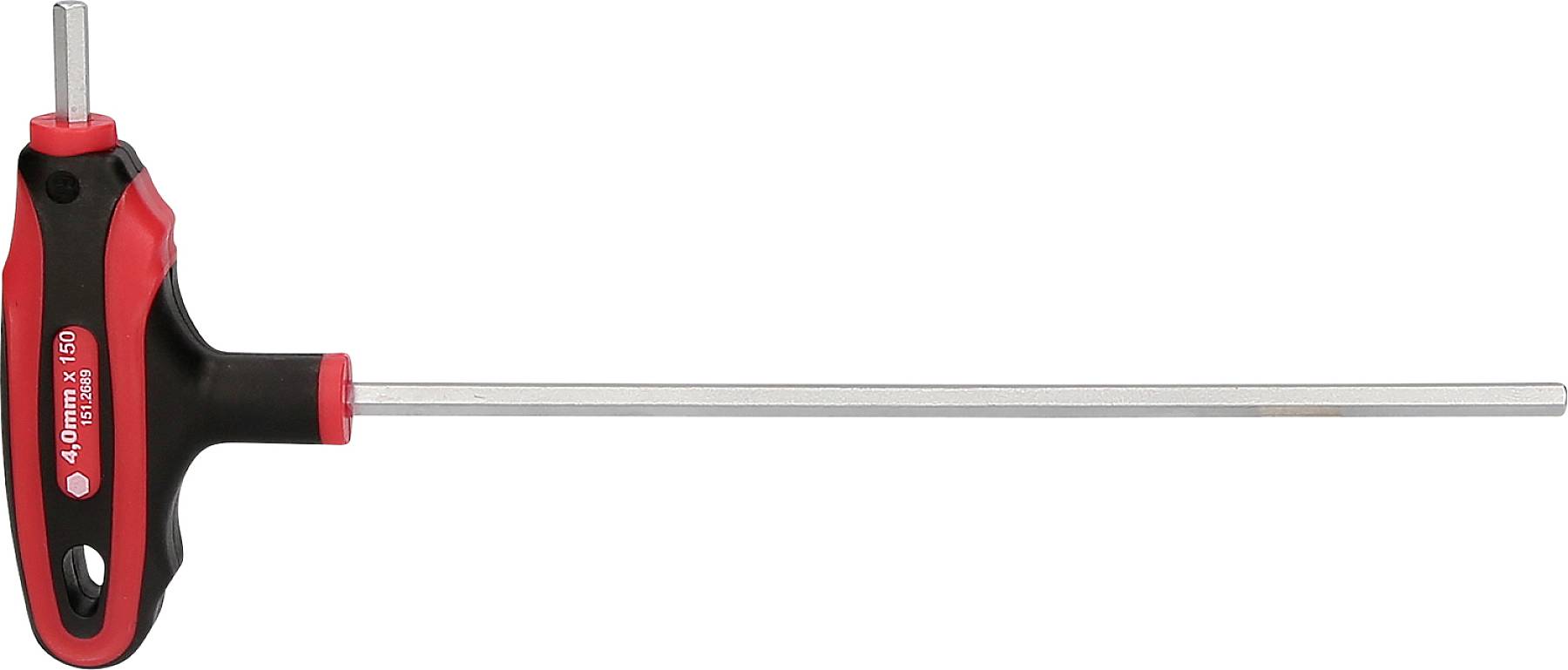 T-förmiger Schraubenschlüssel mit rotem und schwarzem Griff und langem Metallstab. Werkzeugeinsatz in Werkstätten oder Heimwerkerprojekten.