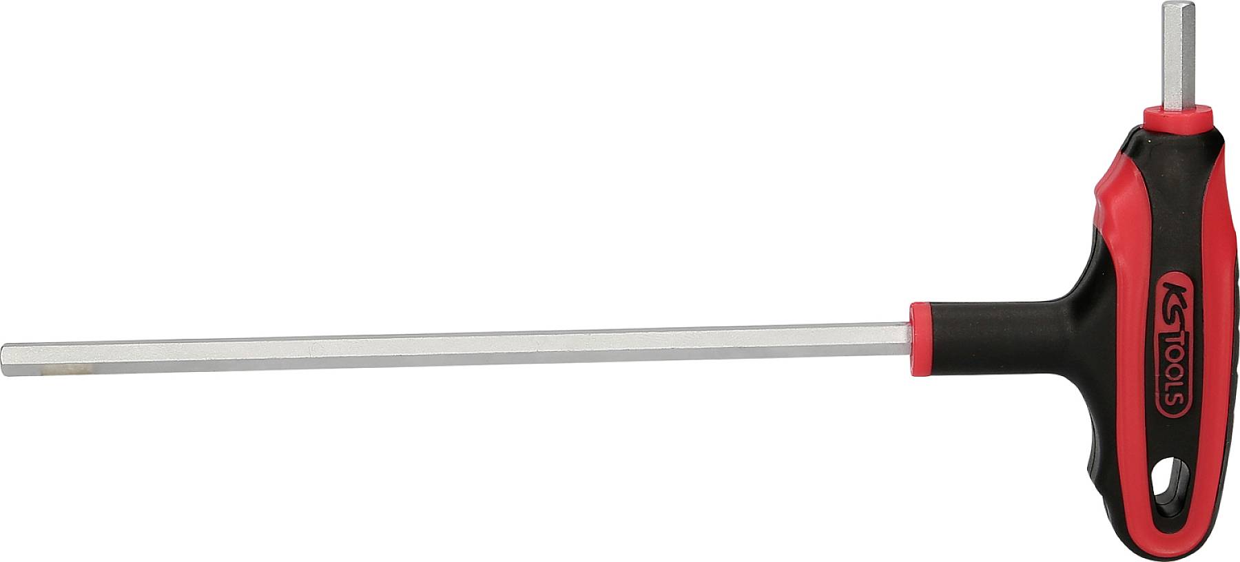 Ein T-Griff-Innensechskantschlüssel mit rotem und schwarzem Griff, geeignet zum Anziehen oder Lösen von Inbusschrauben.