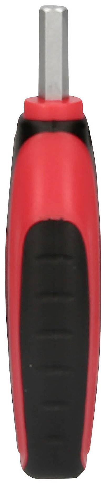 Roter und schwarzer Schraubendreher mit sechseckiger Spitze, vertikal ausgerichtet.