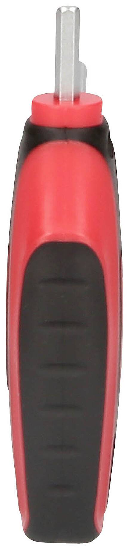 Roter und schwarzer Schraubenzieher mit einem herausnehmbaren Sechskant-Bit, vertikal stehend.