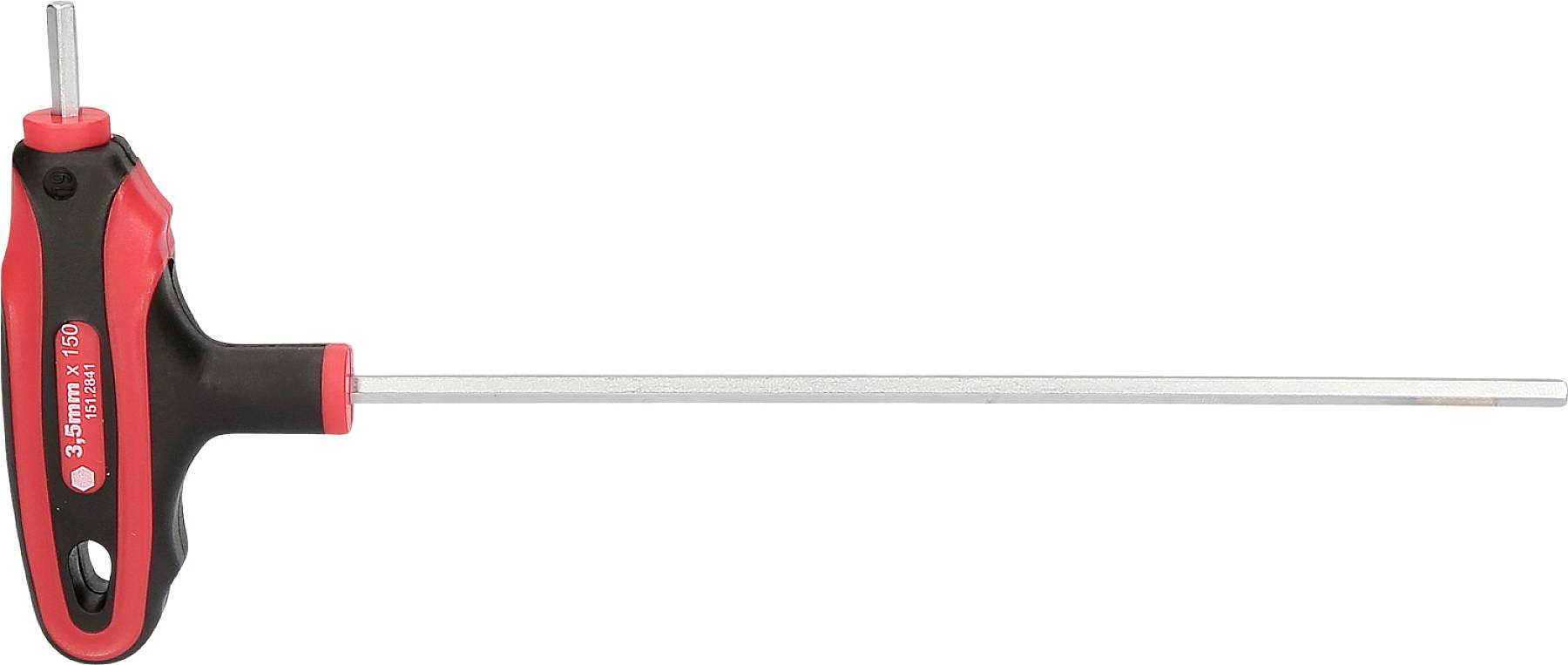 T-förmiger Inbusschlüssel mit langem Schaft und rotem Griff, verwendet zum Anziehen oder Lösen von Schrauben mit Innensechskant.