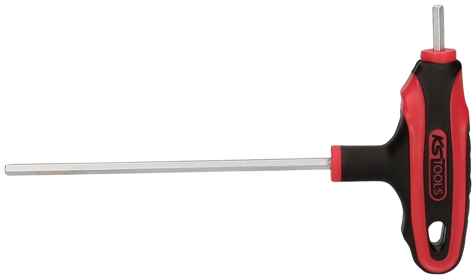 Ein T-Griff-Innensechskantschlüssel mit einem langen Schaft und einem ergonomischen Griff in Schwarz und Rot für besseren Halt.