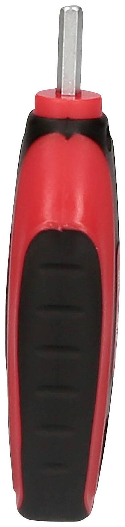 Seitliche Ansicht eines roten Schraubendrehers mit schwarzem Griff und sechskantiger Spitze.