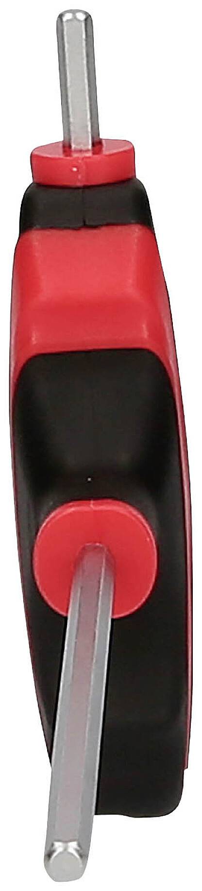 Schwarzes und rotes Werkzeug mit zwei herausragenden silbernen Sechskantschlüsseln, die in entgegengesetzte Richtungen zeigen.