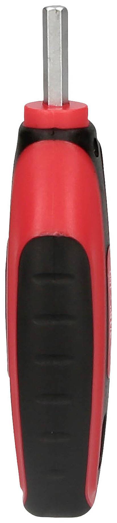 Ein roter und schwarzer Schraubenzieher mit einem flachen Metallkopf, vertikal ausgerichtet.