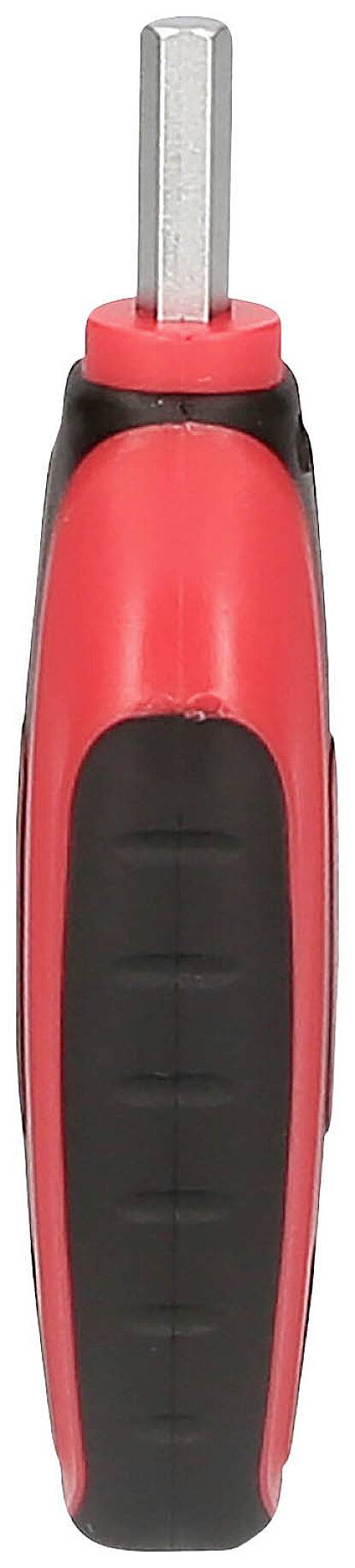 Ein roter und schwarzer Schraubendreher mit einem Sechskantaufsatz. Der Griff ist ergonomisch geformt für besseren Halt.