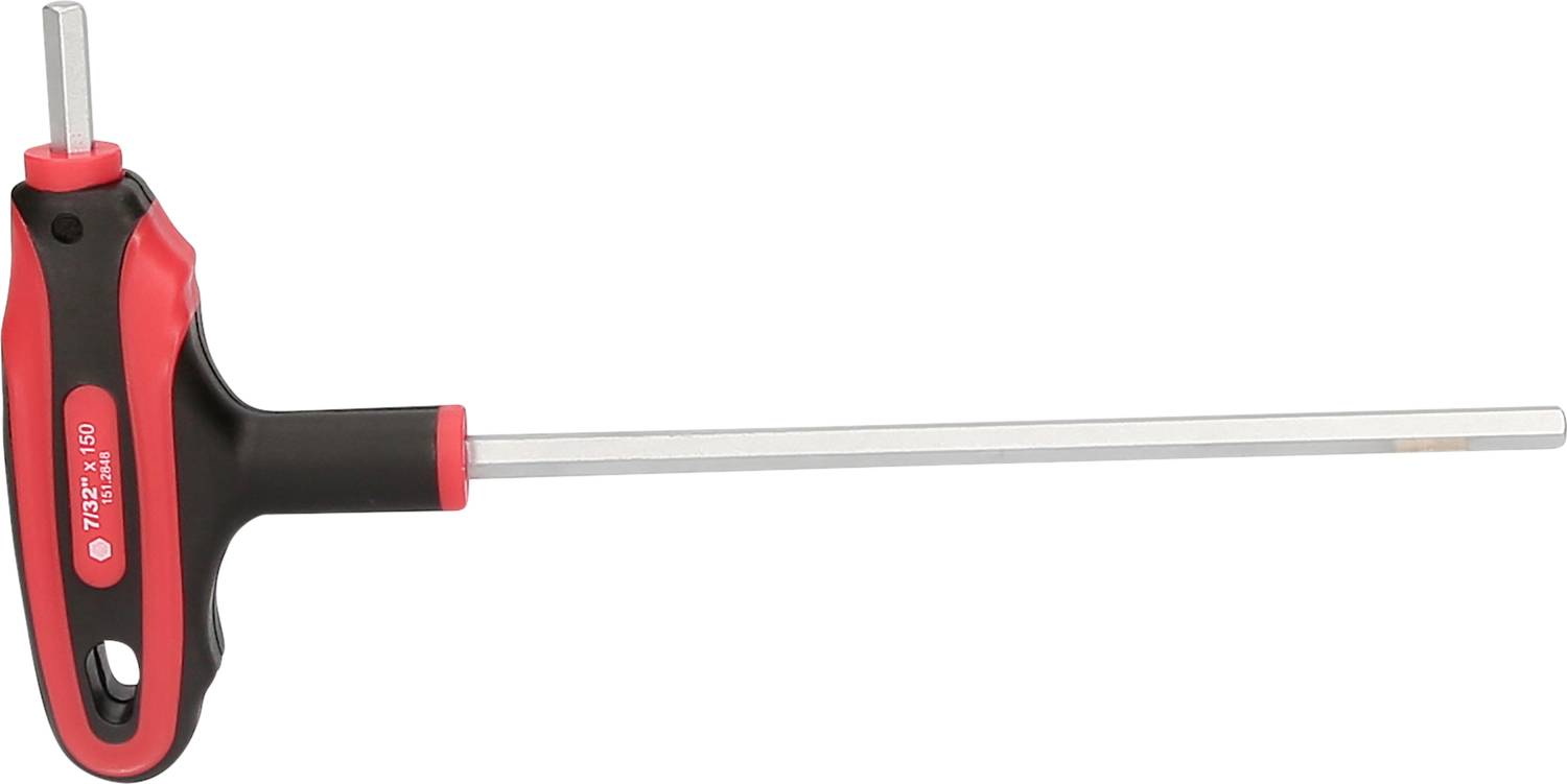 Ein T-förmiger Sechskantschlüssel mit einem schwarz-roten Griff und einem langen silbernen Schaft, der für Werkzeugeinsätze verwendet wird.