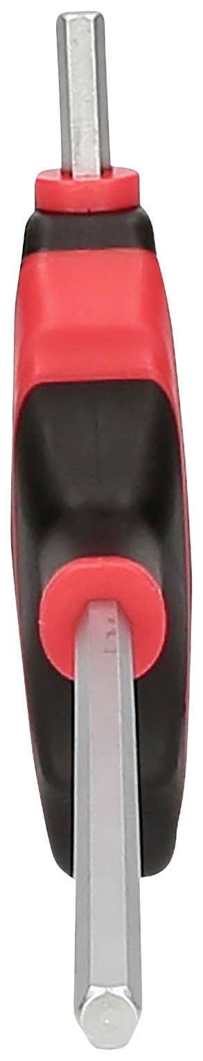 Ein rot-schwarzer Sechskantschraubenschlüssel aus Metall.