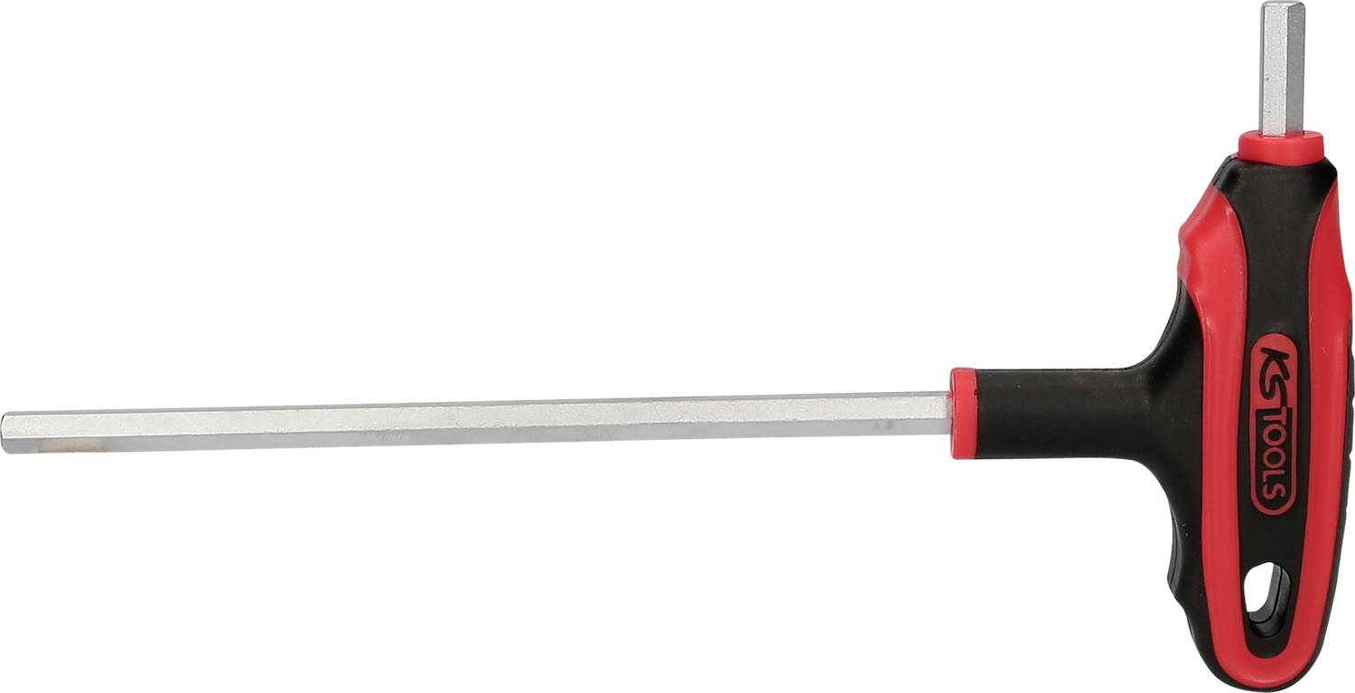 T-förmiger Sechskantschlüssel mit rotem und schwarzem Griff und langer silberner Achse, für handwerkliche Arbeiten.