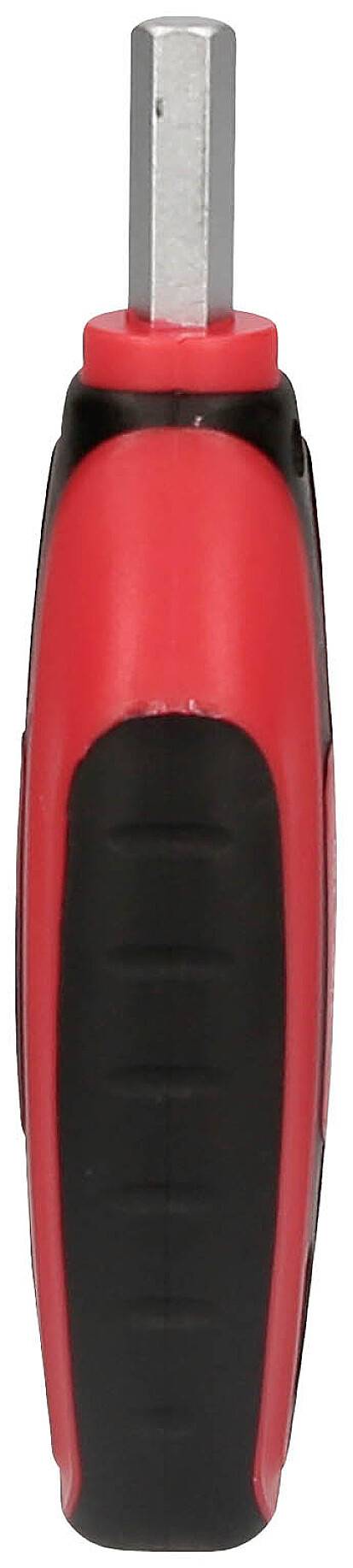 Ein roter Schraubendreher mit schwarzem Griff, Seitenansicht, zeigt die Spitze eines sechseckigen Bits.