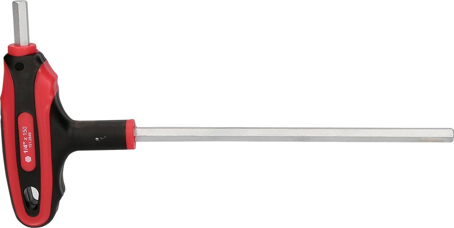 T-Griff-Schraubendreher mit langem Sechskant-Schaft, schwarzer und roter Griff für verbesserten Halt. Werkzeug zur Befestigung.