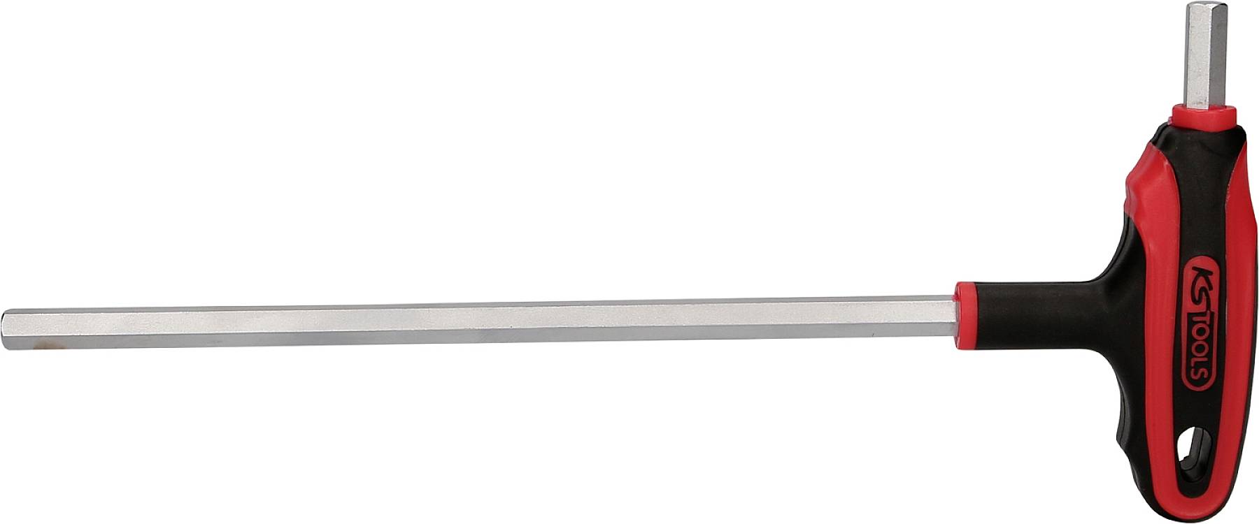 Langer, T-förmiger Werkzeuggriff mit rotem und schwarzem Design und abgerundetem Metallstab, geeignet für Arbeiten an Maschinen.