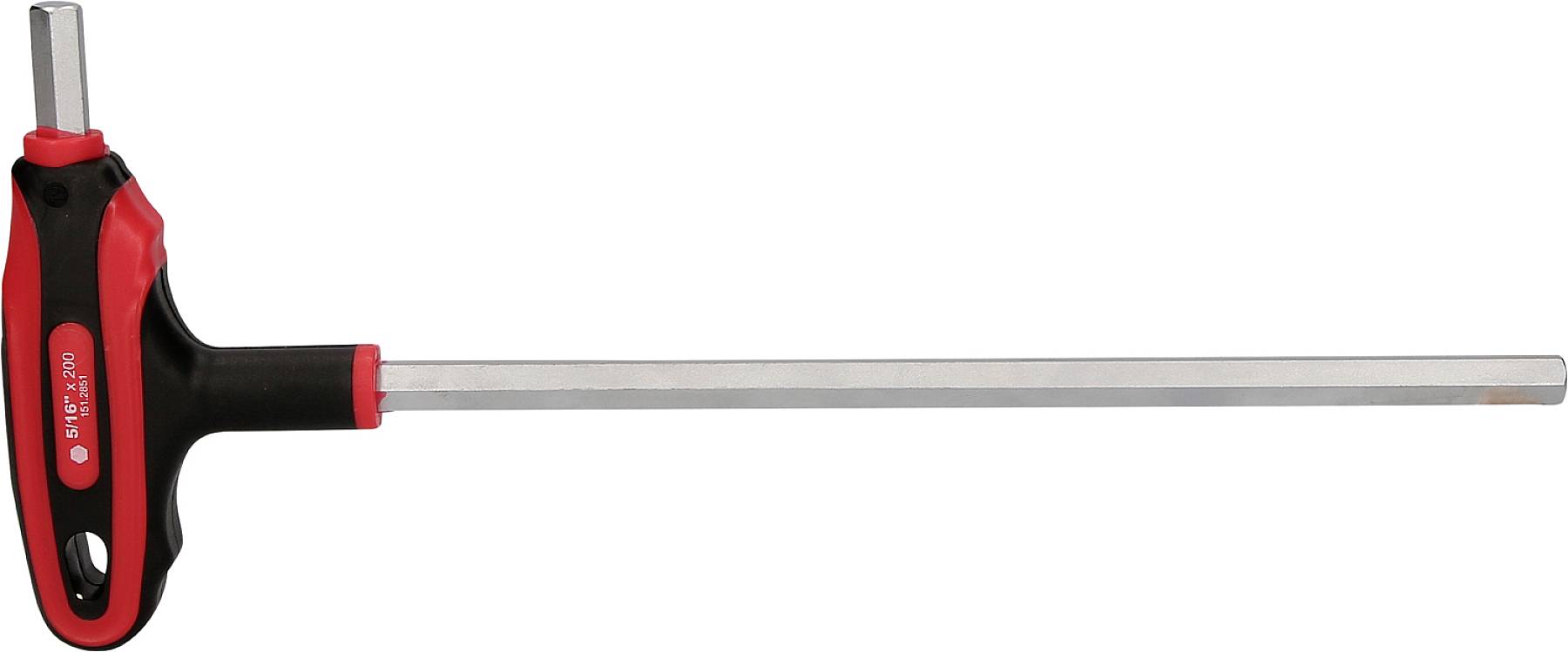 Ein roter und schwarzer T-Griff-Innensechskantschlüssel mit langem Stab, verwendet für das Anziehen oder Lösen von Schrauben.