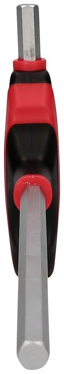 Ein Sechskant-Steckschlüssel mit rotem und schwarzem Griff, vertikal ausgerichtet, zeigt seine funktionale Halterung.