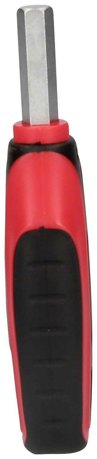 Roter und schwarzer Schraubendreher mit sechseckiger Metallspitze, seitlich dargestellt.