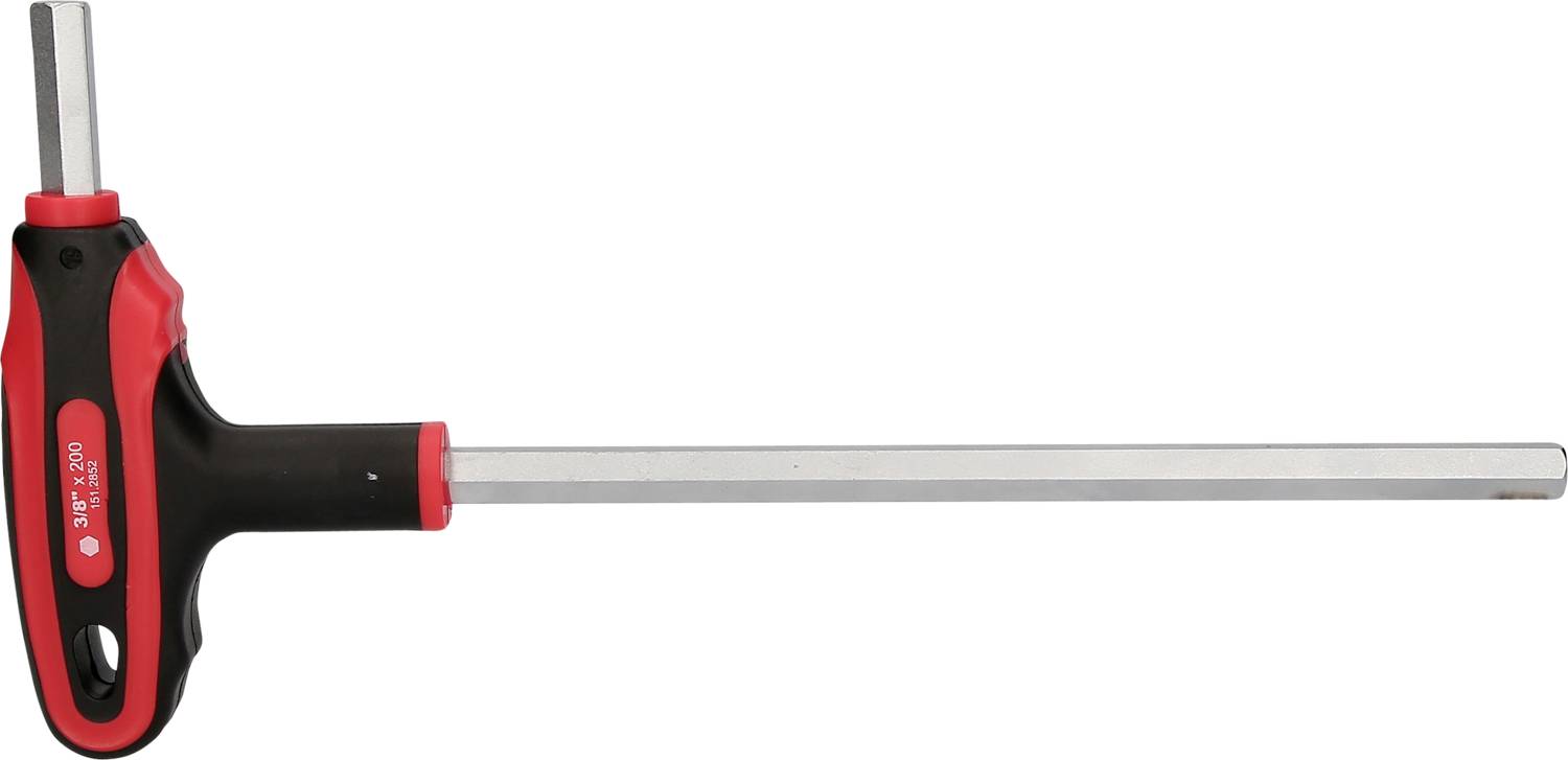 Langer Sechskant-Schlüssel mit rotem und schwarzem Griff, geeignet zur Bearbeitung von Muttern und Schrauben mit Innensechskantprofil.