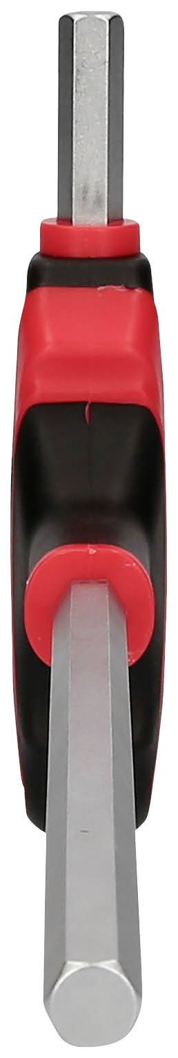 Ein rot-schwarzer, zweiseitiger Schraubenzieher mit sechskantigen Spitzen, aufrecht positioniert, zeigt beide Funktionsenden.