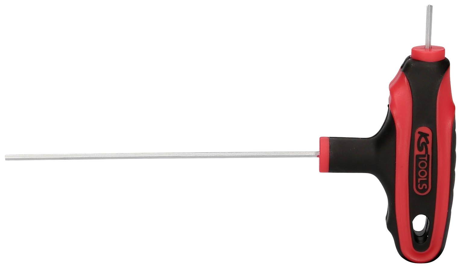 Ein schwarzer und roter T-Griff-Sechskantschlüssel mit langem Metallstab, geeignet zum Anziehen und Lösen von Schrauben.