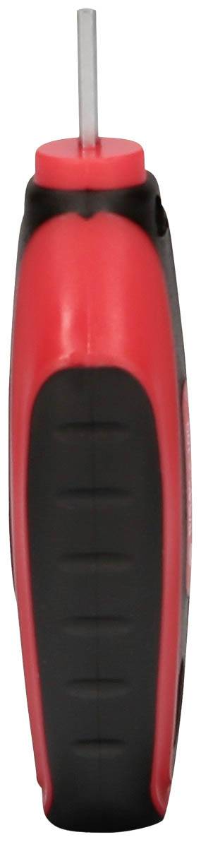 Rotes und schwarzes, ergonomisch geformtes Werkzeug, vermutlich ein Schraubendreher, mit sichtbarer Spitze.