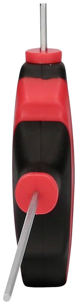 Ein rot-schwarzer Schraubendreher, von der Seite betrachtet, zeigt einen ergonomischen Griff und eine Metallspitze.