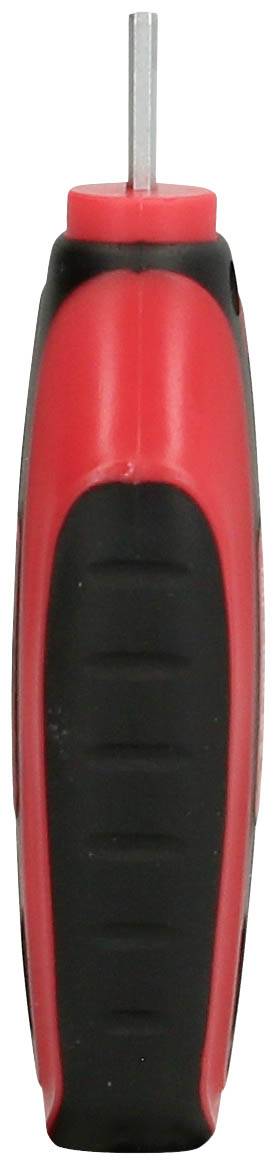 Ein rot-schwarzer Schraubendreher mit ergonomischem Griff, vertikal aufgestellt.