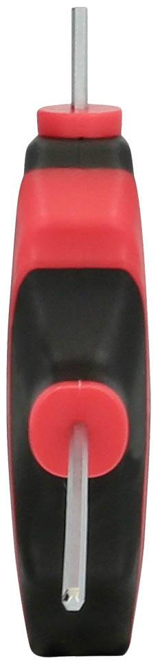 Ein rot-schwarzer Schraubendreher mit einem Metallstift in der Mitte, vertikal abgebildet.