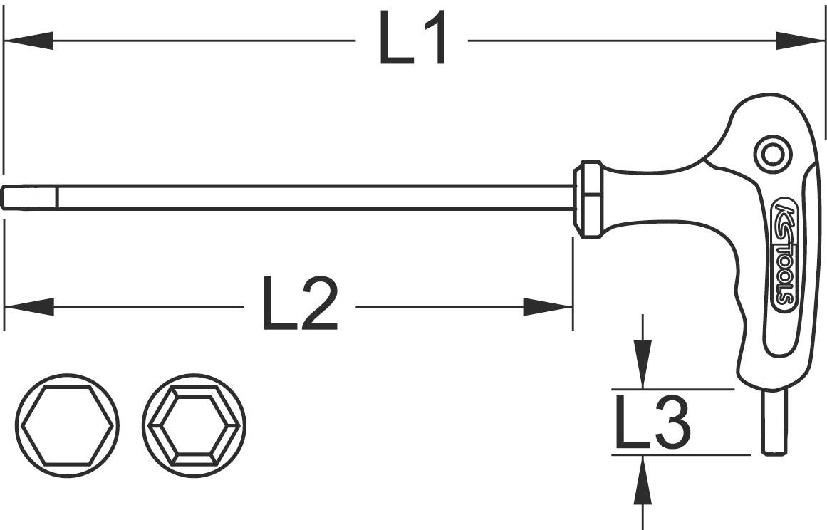 Ein T-Griff-Schraubendreher von KS Tools mit fünfkantigem Stift. Angezeigt sind die Maße für L1, L2 und L3.
