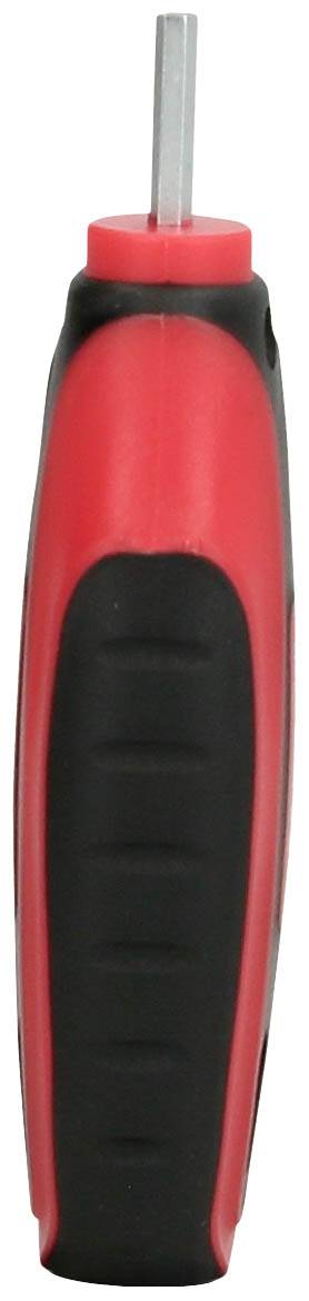 Ein rot-schwarzer Schraubendreher mit ergonomischem Griff und einem sechskantigen Kopf, abgebildet von der Seite.