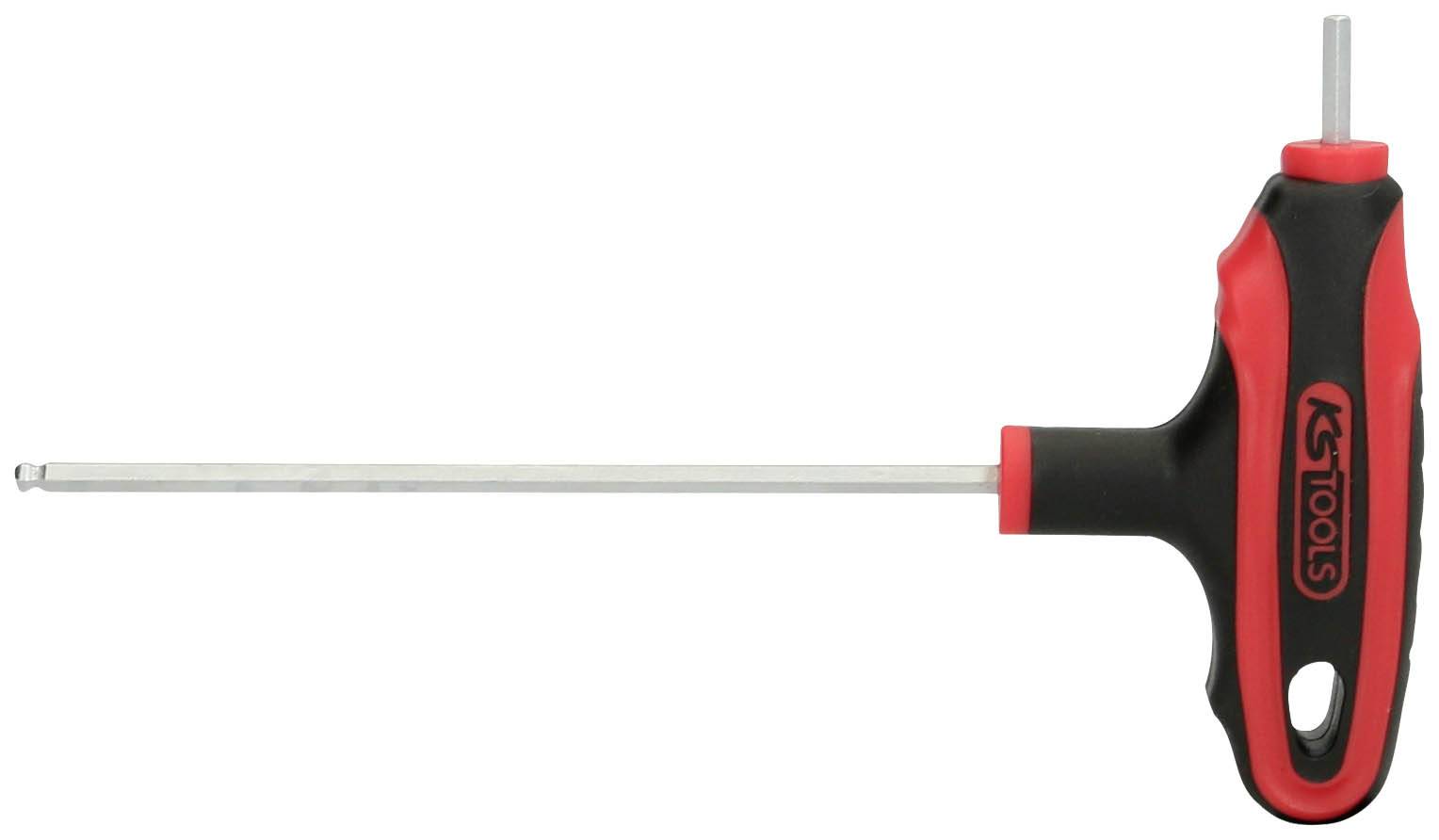 Sechskantschlüssel mit T-Griff in Schwarz und Rot, verwendet zum Anziehen und Lösen von Schrauben in schwer zugänglichen Bereichen.