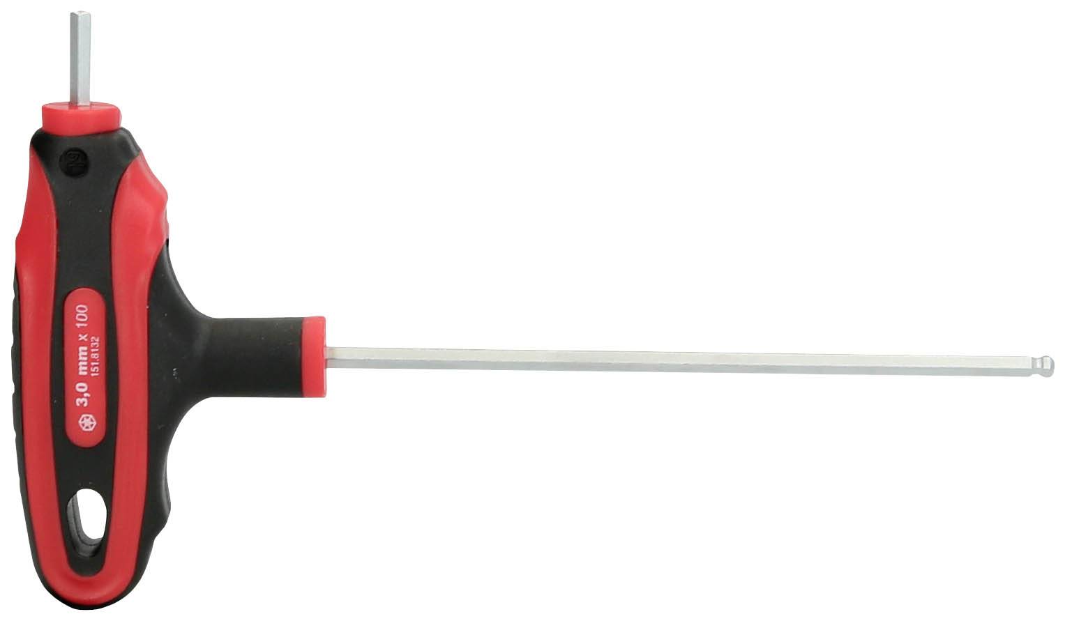 Ein T-Griff Sechskantschlüssel mit rotem und schwarzem Griff und langem silbernem Stab, verwendet zum Festziehen von Sechskantschrauben.