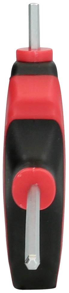 Ein rot-schwarzer Schraubendreher mit Kreuz- und Schlitzkopf in kompakter, ergonomischer Form, von vorne abgebildet.