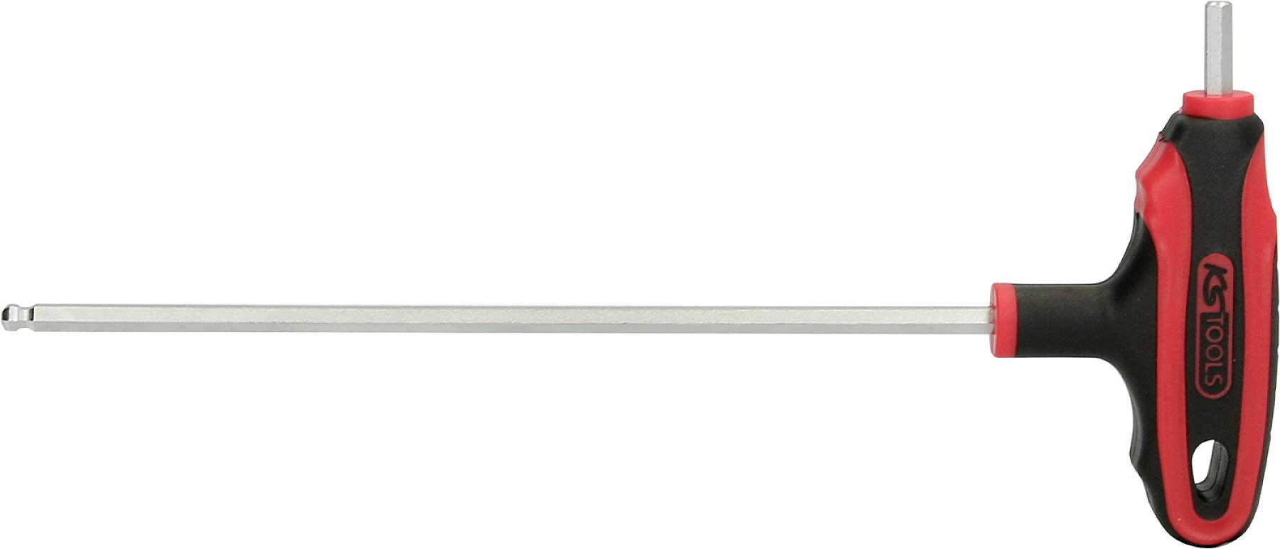 Ein langer Inbusschlüssel mit T-Griff; schwarz-rot gefärbt. Werkzeug für Schrauben mit Innensechskantkopf.