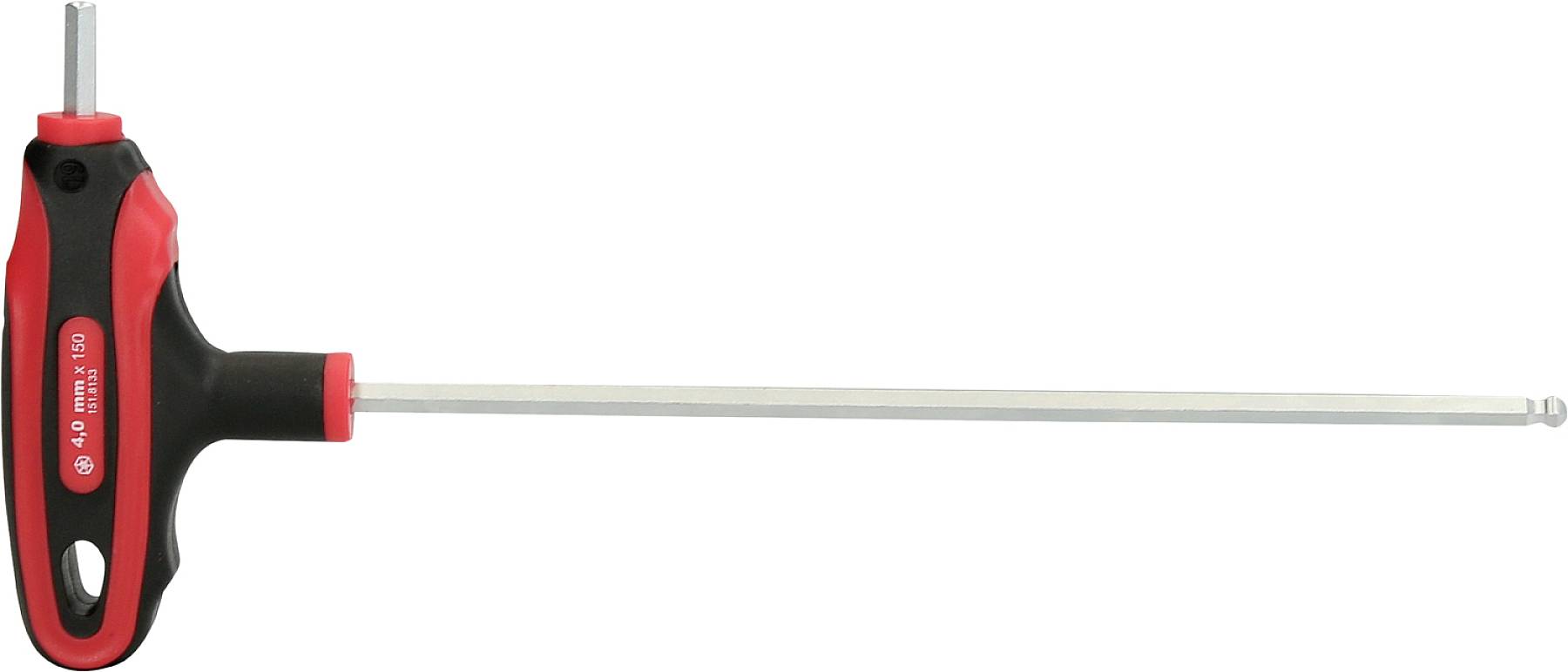 Sechskant-Schlüssel mit T-Griff und Kugelkopf, geeignet zum Anziehen oder Lösen von Schrauben an schwer zugänglichen Stellen.