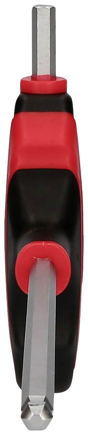 Ein roter und schwarzer Schraubendreher mit zwei verschiedenen Klingen in einem kompakten Design, frontal abgebildet.