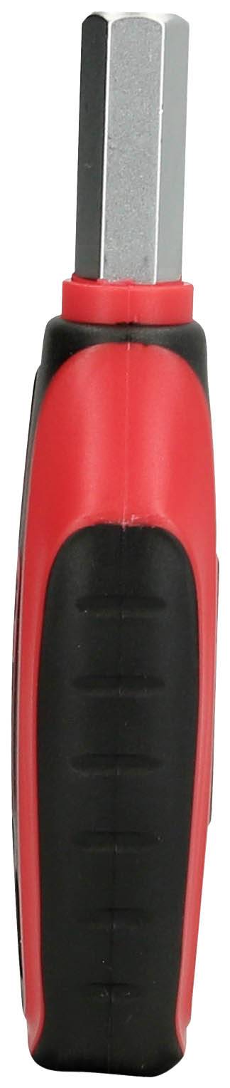 Rot-schwarzer Schraubendreher mit ergonomischem Griff, sechseckiger Metalleinsatz oben. Hauptsächlich für Heimwerkerarbeiten geeignet.