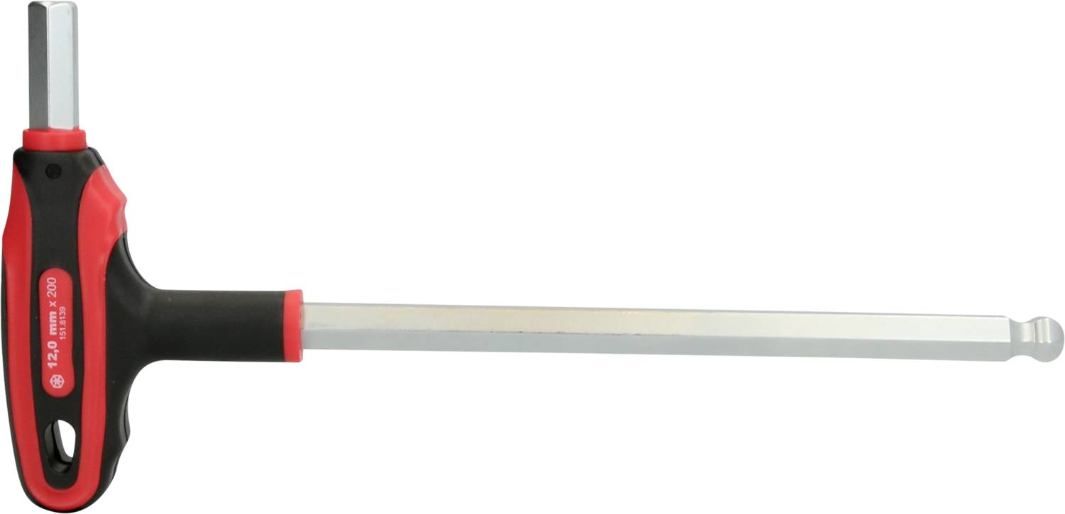 T-Griff-Schlüssel mit langem Sechskantstift, rot-schwarz, zur Anwendung in schwer zugänglichen Bereichen.