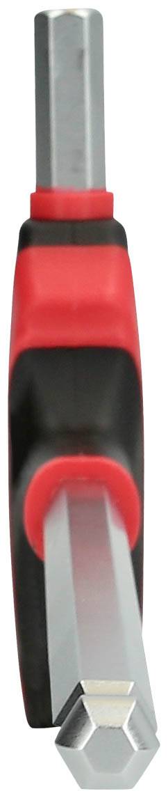 Ein Schraubenzieher mit sechseckigem Schaft und rotem Griff, speziell für Inbusschrauben geeignet.