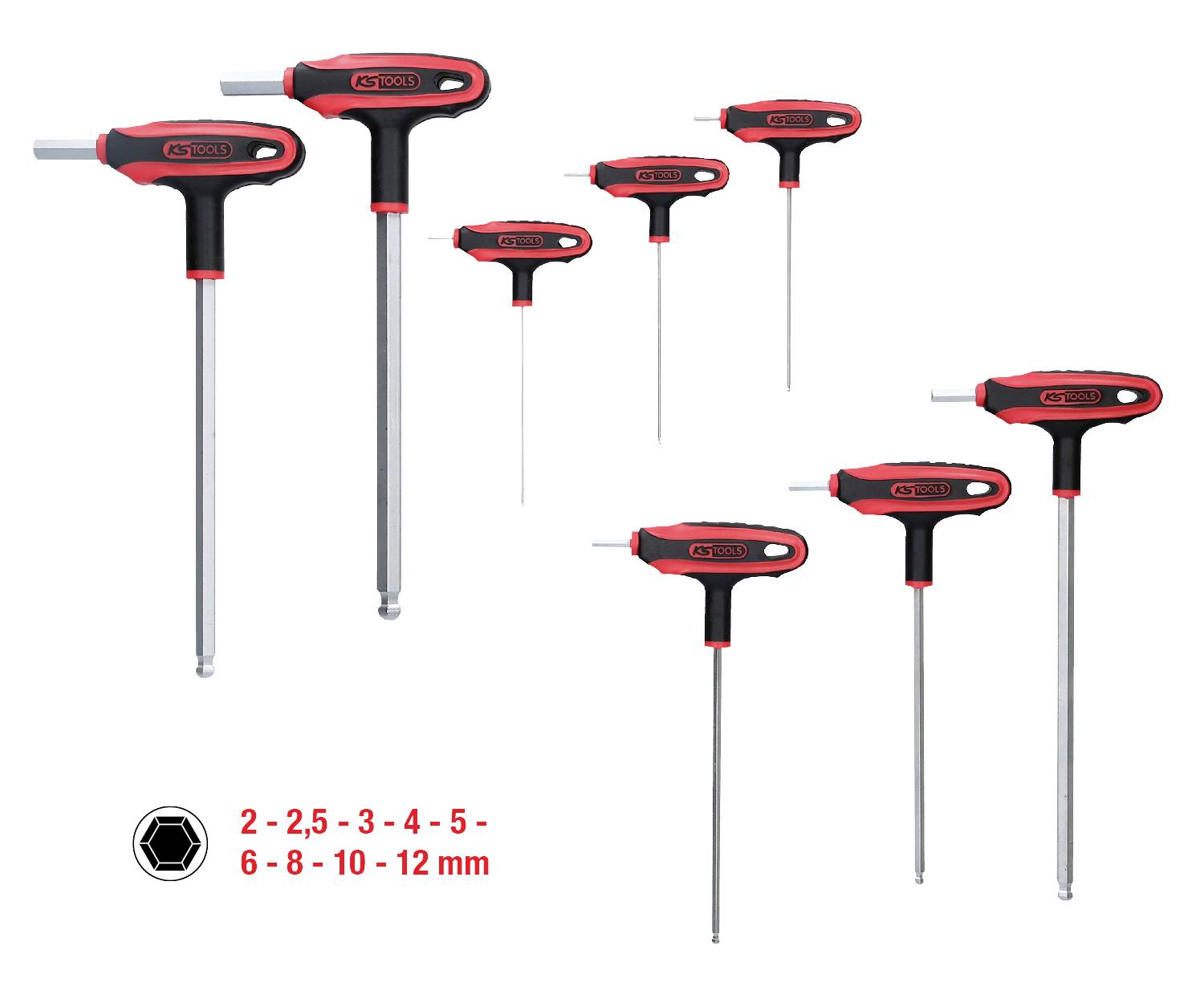 Satz von acht T-Griff-Innensechskantschlüsseln in verschiedenen Größen (2-12 mm), rot-schwarz, nebeneinander auf weißem Hintergrund.