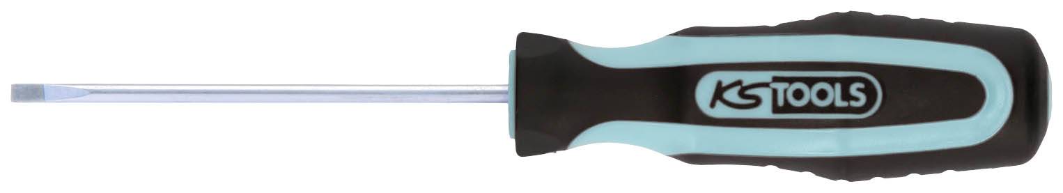 Schraubendreher mit schwarzem und türkisfarbenem Griff, flacher Metallspitze, auf weißem Hintergrund, Werkzeugmarke auf Griff.