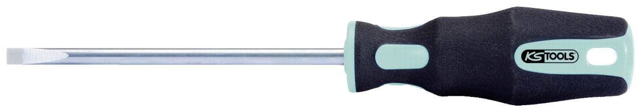 Ein Schraubenzieher mit schwarzem und türkisfarbenem Griff, flacher Klinge und 'KS Tools'-Logo auf dem Griff.